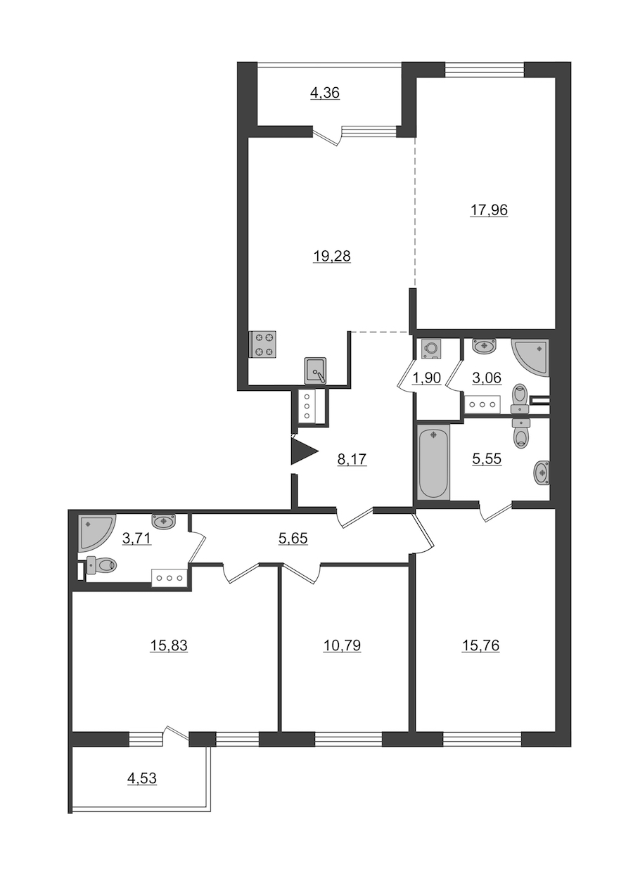 3-комнатная квартира 107.66 м², 12/12 эт., ЖК «Чёрная речка»